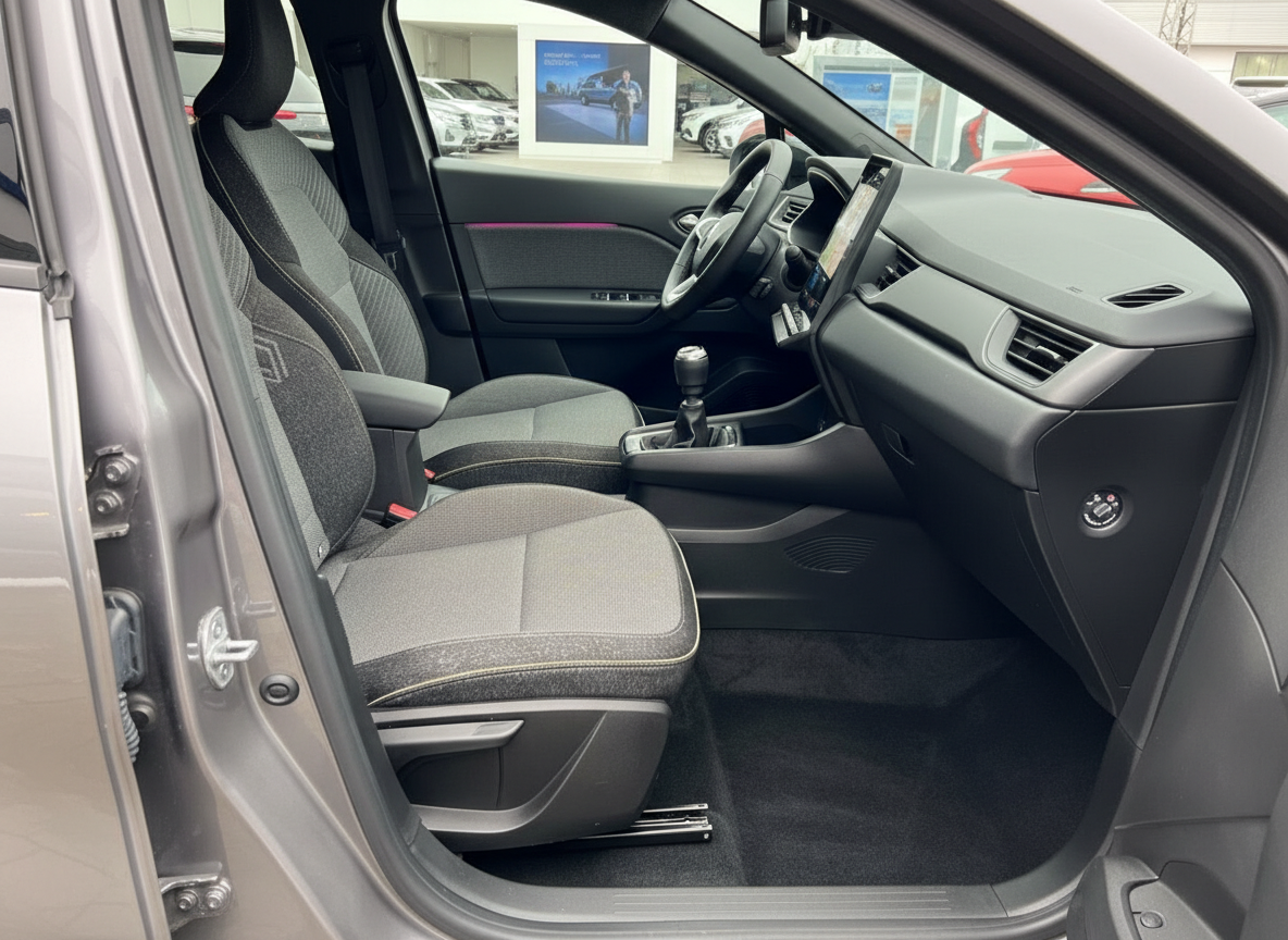 Renault Clio Innenraum Fahrerseite mit schwarzen Stoftsitzen und modernem Cockpit