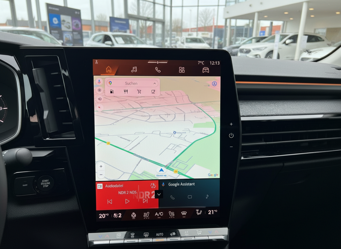 Fahrzeug-Infotainment-Display mit Google Maps Navigation und NDR2 Radio im Autohaus