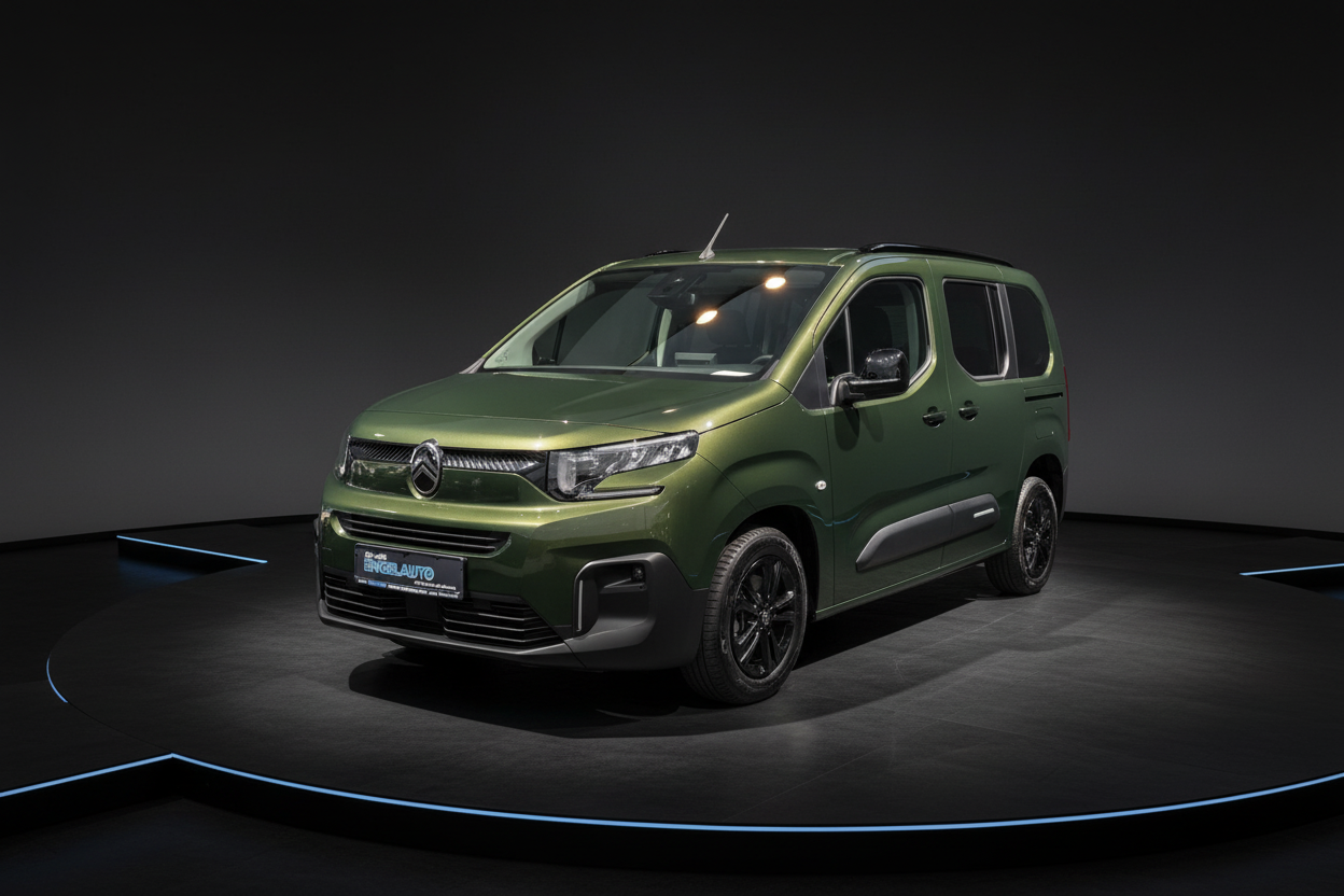 Citroën Berlingo in Khakigrün – Kompaktvan Frontansicht im Fotostudio