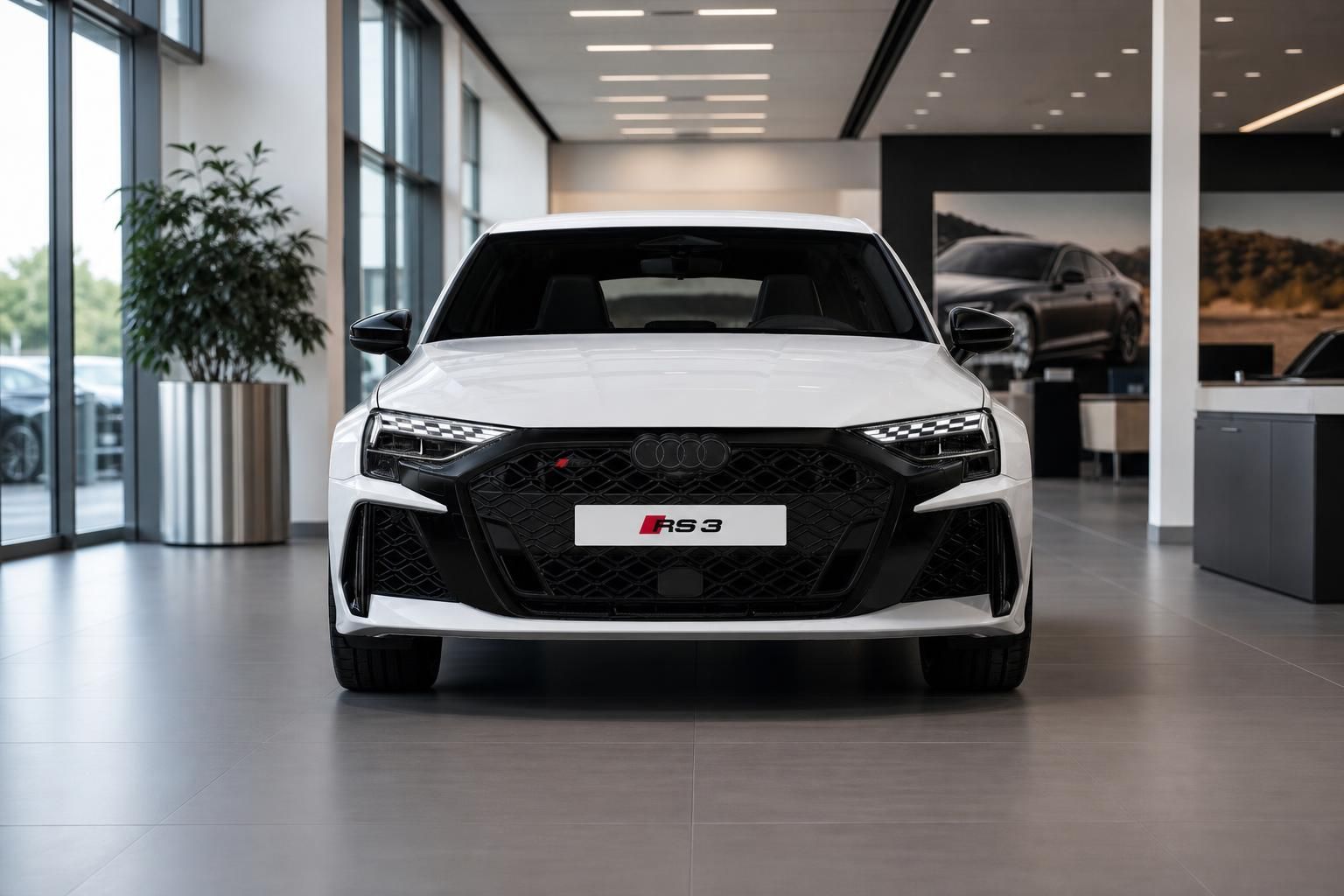 Audi RS3 weiss Frontansicht im Autohaus mit schwarzem Kühlergrill und RS3 Kennzeichen