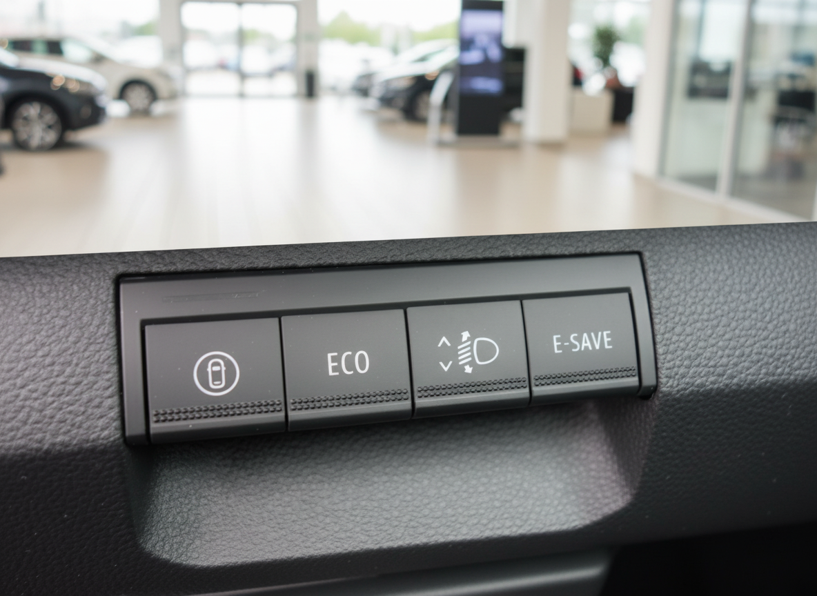 Fahrzeug-Bedienelemente mit ECO, E-SAVE und Lichthöhenregulierung im Innenraum