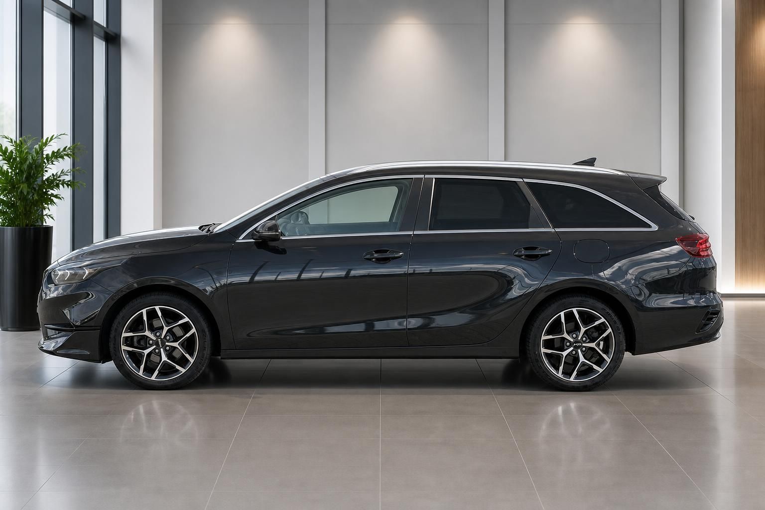 Kia Ceed Sportswagon dunkelgrau Seitenansicht im Showroom