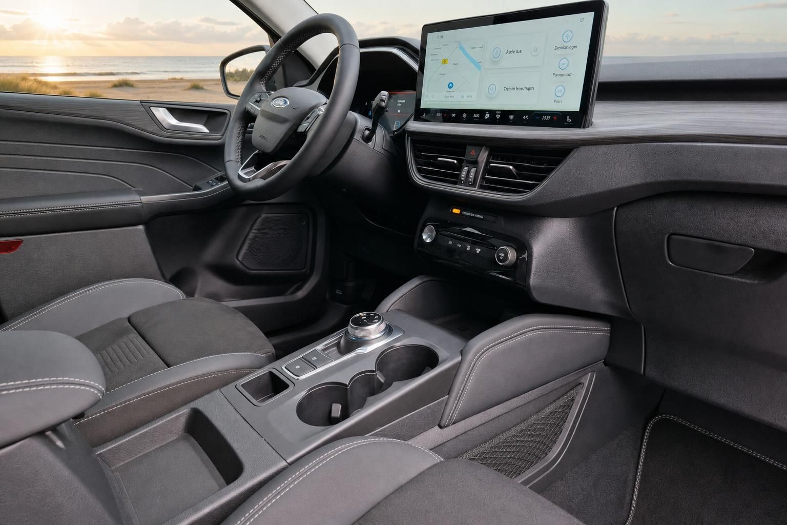 Ford Fahrzeug Innenraum mit Panoramablick, Touchscreen Navigation und hochwertiger Lederausstattung