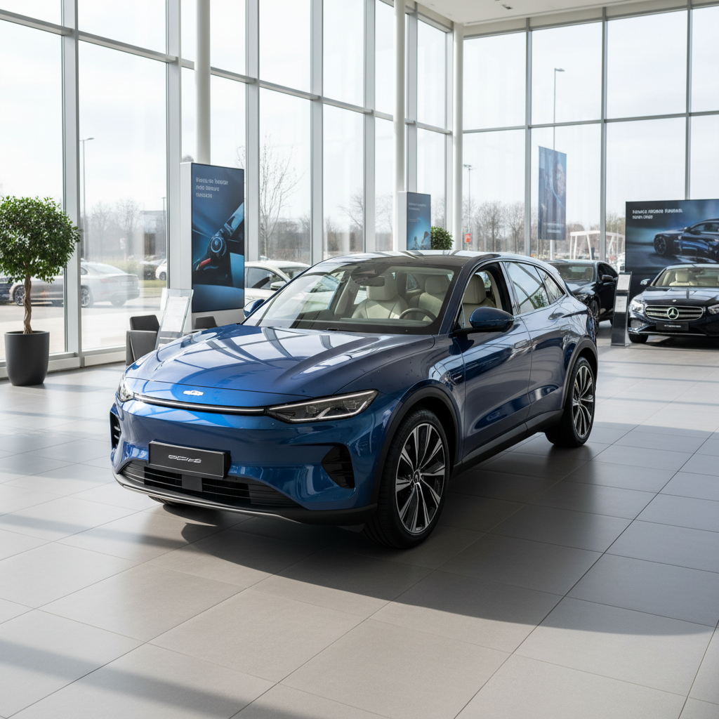 Blauer SUV im Autohaus-Showroom mit großen Fensterfronten