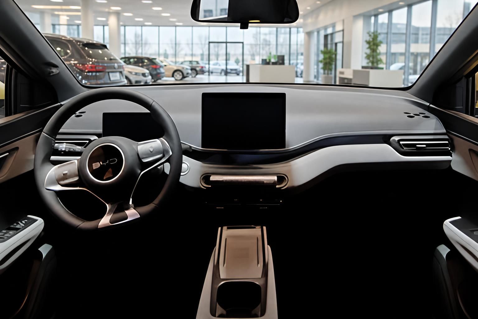 Cockpit mit Lenkrad und Touchscreen-Display im Fahrzeuginnenraum