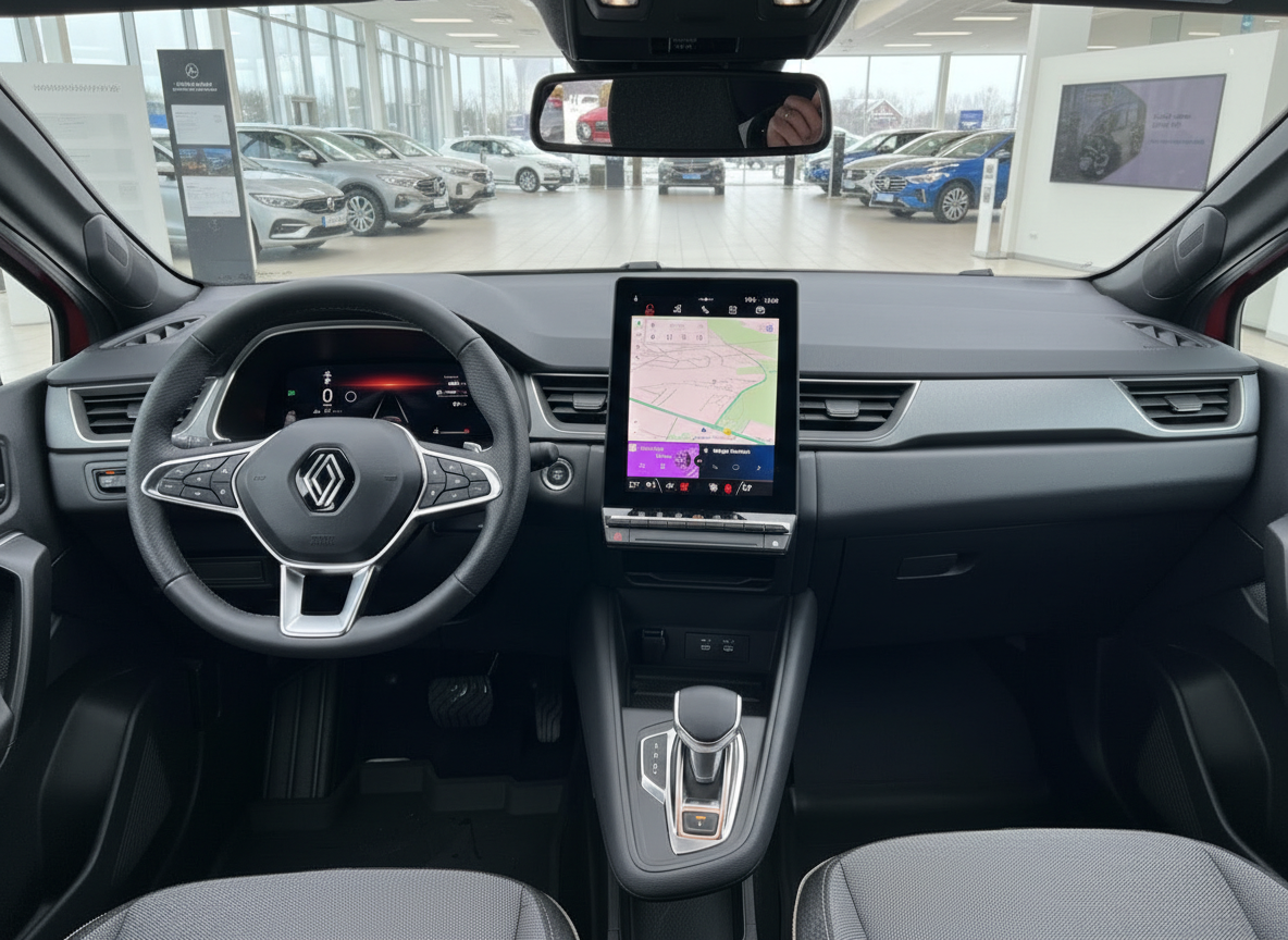 Renault Innenraum mit digitalem Cockpit, großem Touchscreen und Automatikgetriebe im Autohaus