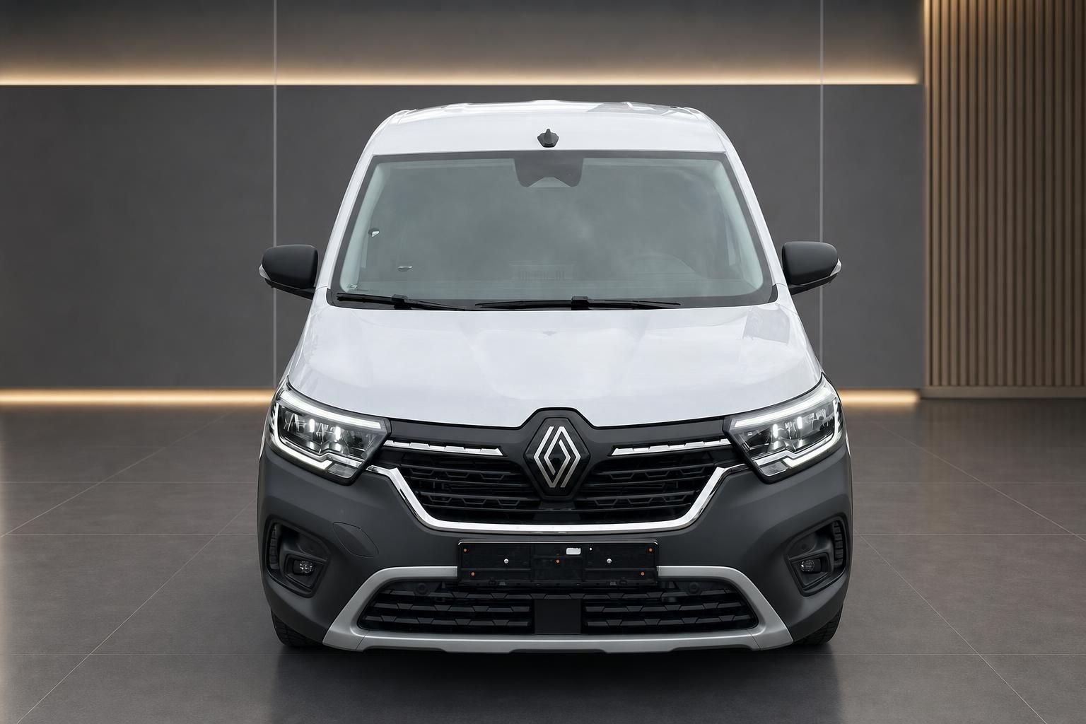 Renault Kangoo Kastenwagen weiß – gerade Frontansicht im dunklen Studio