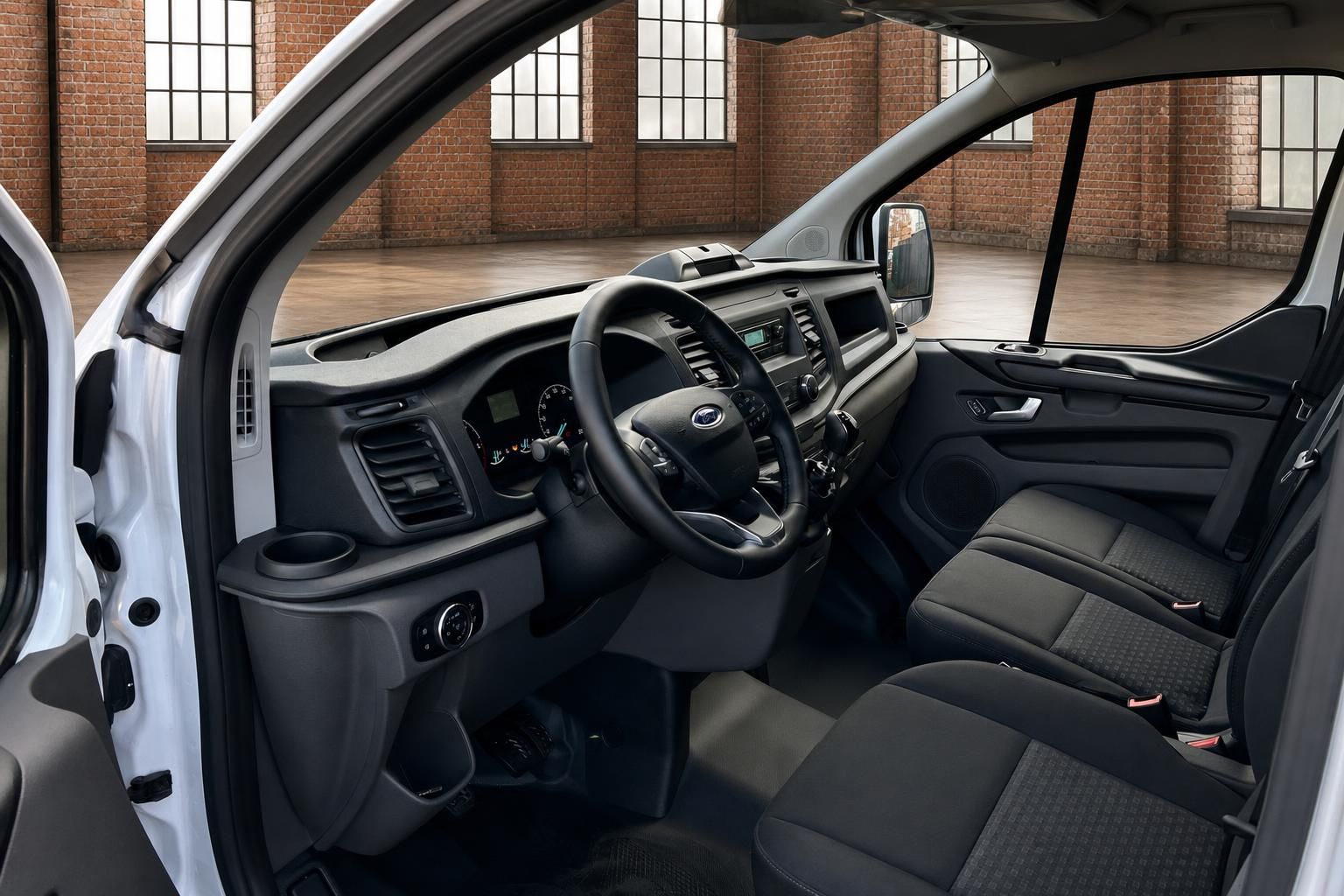Ford Transit Custom Fahrerhaus Innenraum mit Lenkrad Armaturenbrett und Sitzen