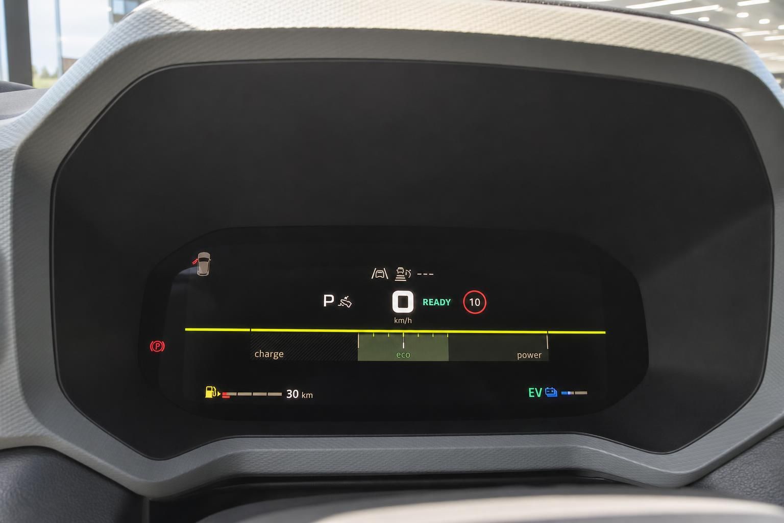 Digitales Armaturenbrett mit Elektrofahrzeug-Anzeige, Ladestatus und Geschwindigkeitsmesser