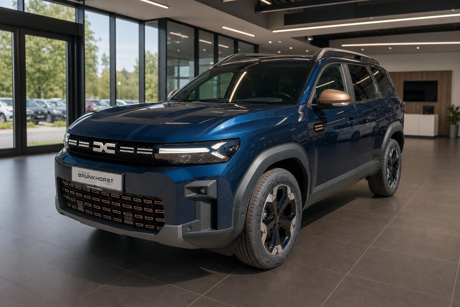 Blauer Dacia SUV von schräg vorne im Autohaus-Showroom mit LED-Scheinwerfern und modernem Design