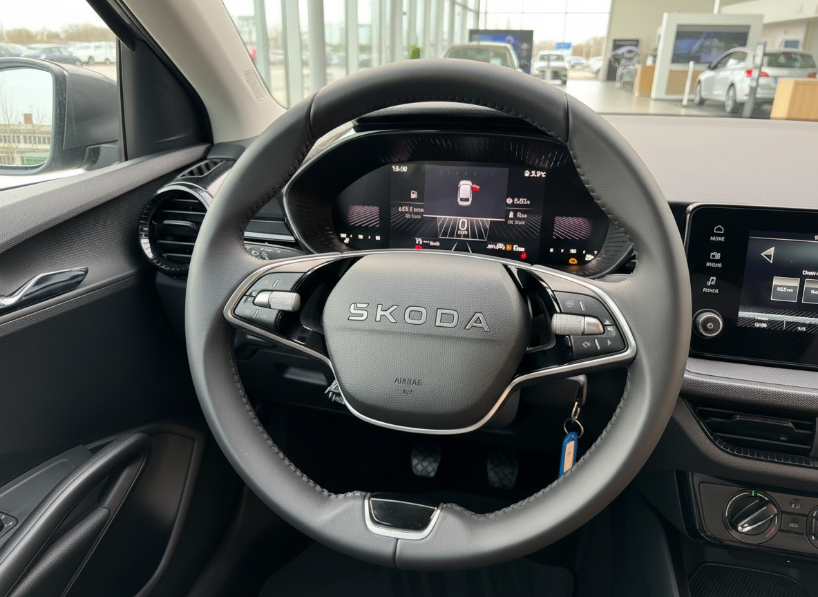 Skoda Innenraum Lenkrad mit digitalem Cockpit und Infotainment-Display im Autohaus