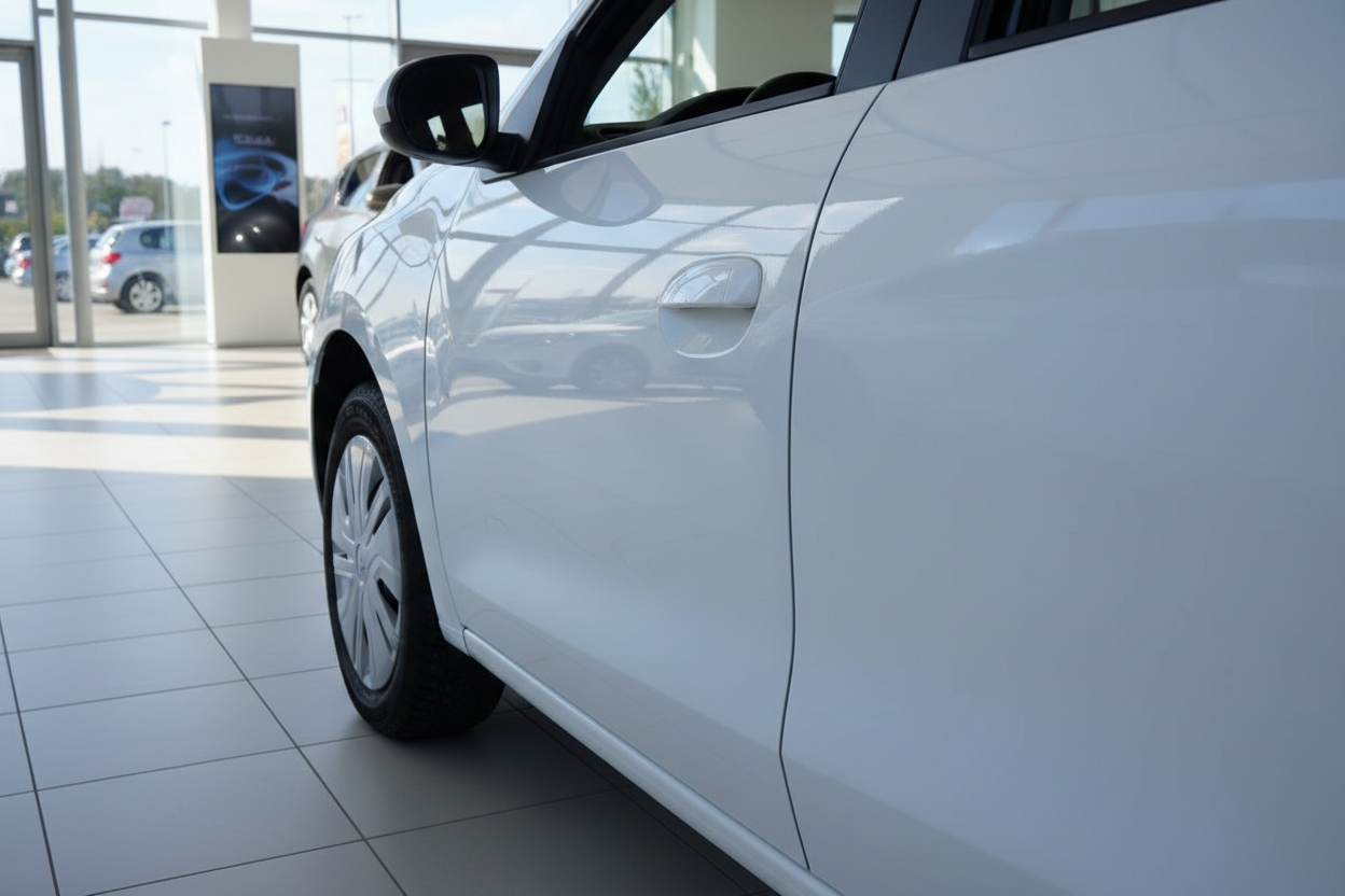 Weißes Fahrzeug in modernem Autohaus, Seitenansicht mit Türgriff und Alufelge