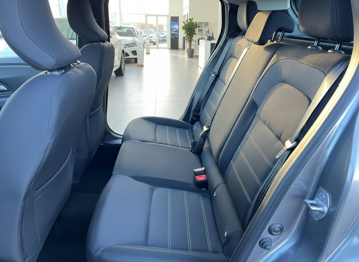 Rücksitzbank mit dunklem Stoffbezug und Kontrastnähten im Fahrzeuginnenraum im Autohaus