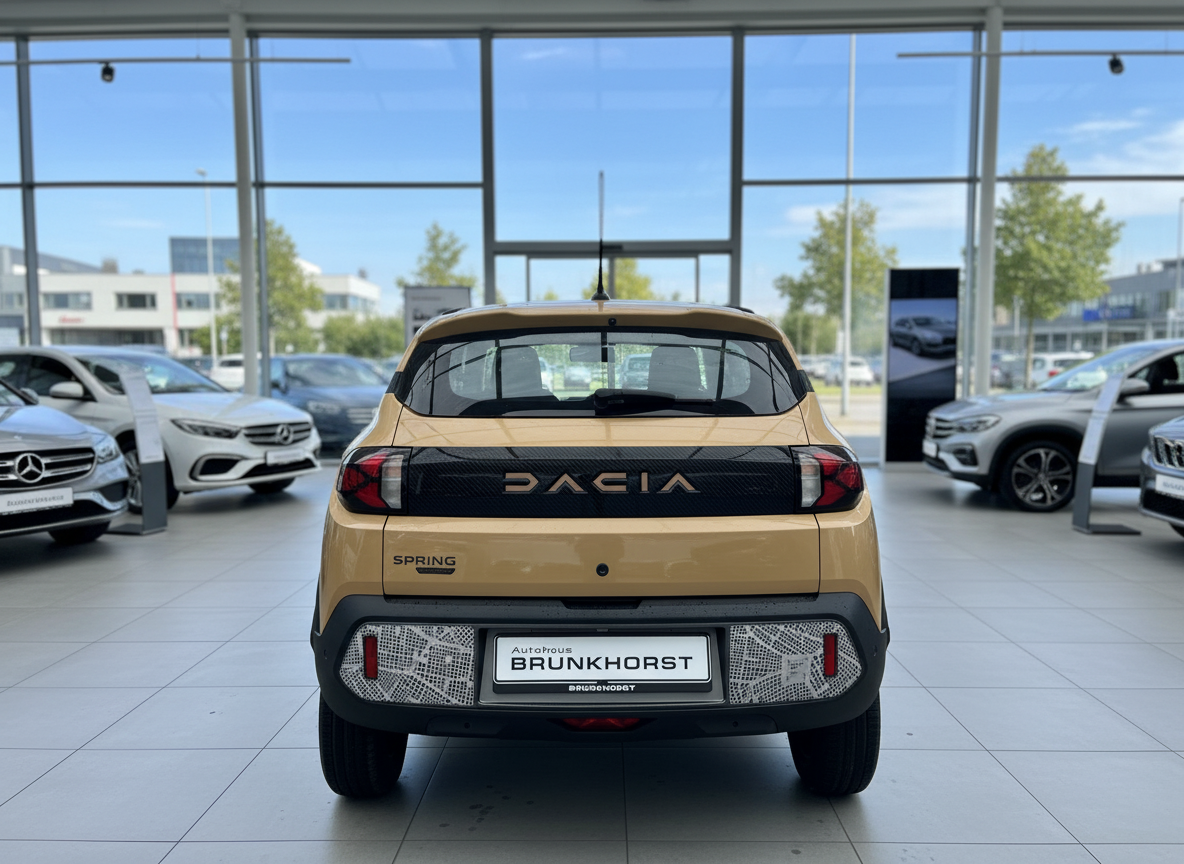 Dacia Spring Elektro in Sand-Beige von hinten im Autohaus Brunkhorst