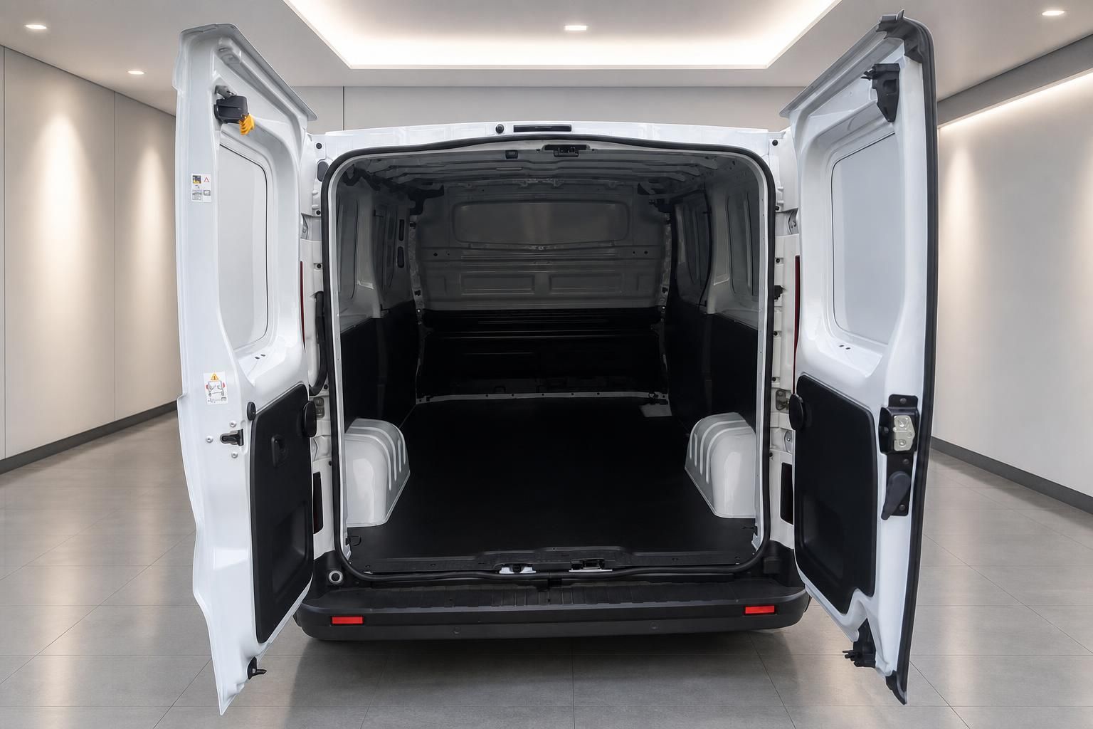 Transporter mit geoeffneten Hecktueren und leerem Laderaum von hinten