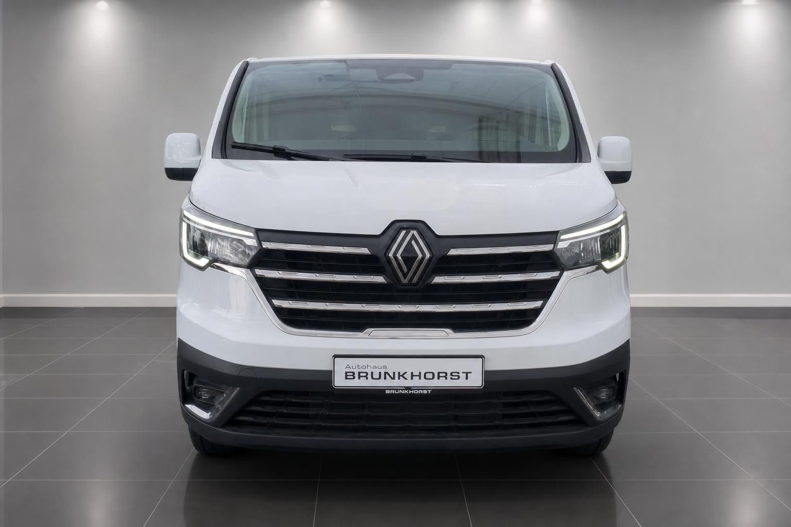 Renault Trafic Transporter weiß Frontansicht mit Kennzeichenhalter