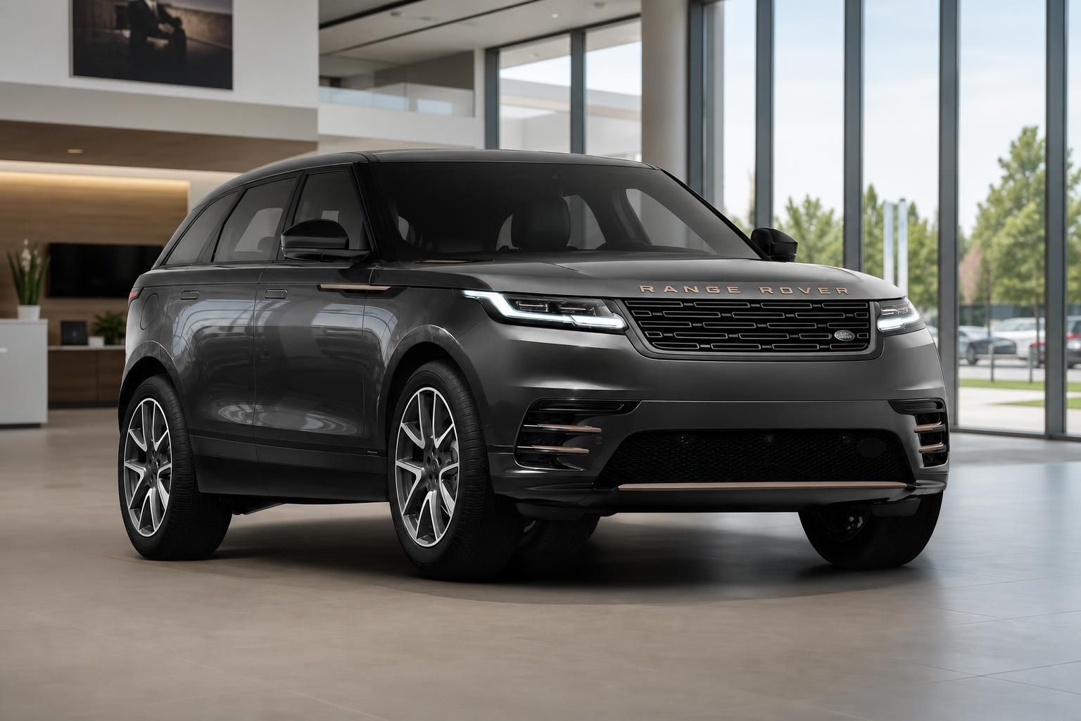 Range Rover Velar in Grau, Frontansicht im Autohaus