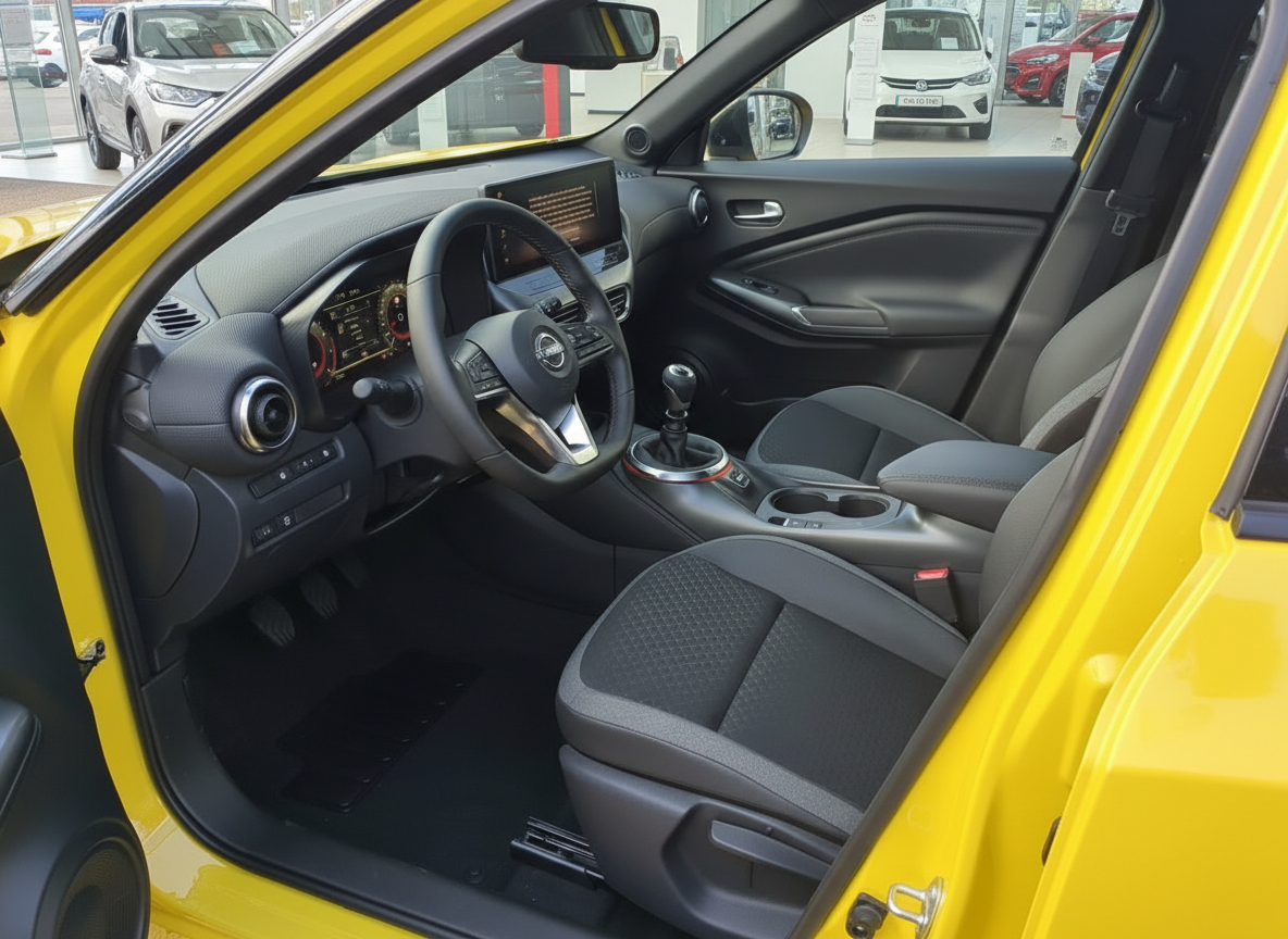 Nissan Juke Innenraum Fahrerseite mit schwarzem Interieur und Infotainment-Display in gelber Karosserie