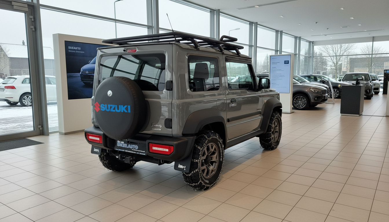 Grauer Suzuki Jimny Geländewagen mit Dachträger und Reserverad im Autohaus Showroom, Heckansicht des kompakten 4x4 Offroaders mit Schneeketten
