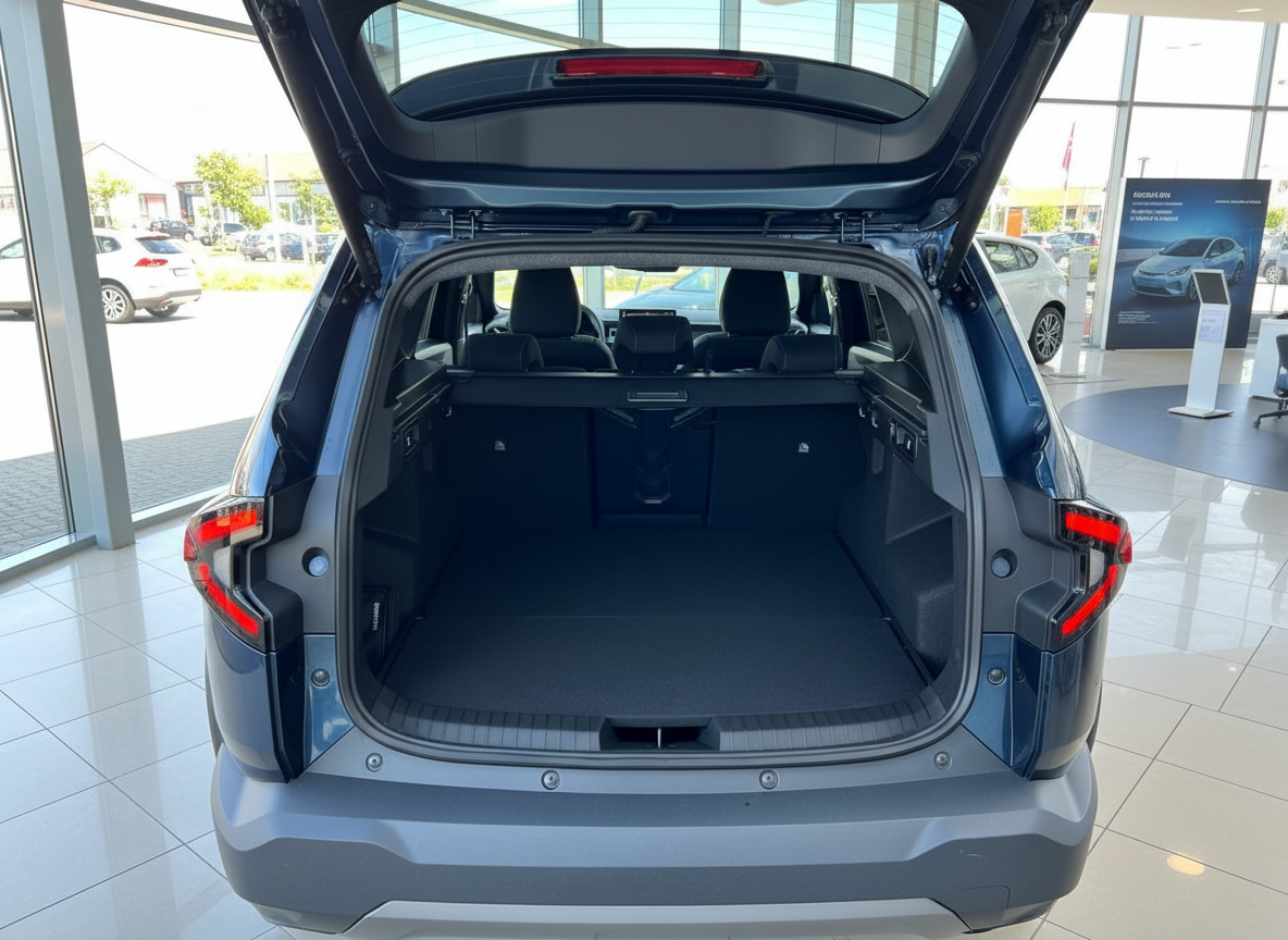 Blauer SUV Kofferraum geöffnet im Autohaus – geräumiger Laderaum mit schwarzer Auskleidung