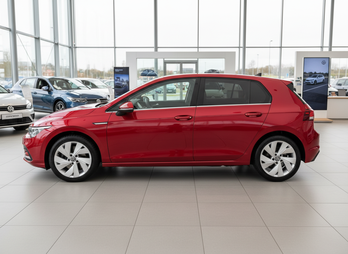 Roter Volkswagen Golf 8 Seitenansicht im VW-Autohaus Showroom