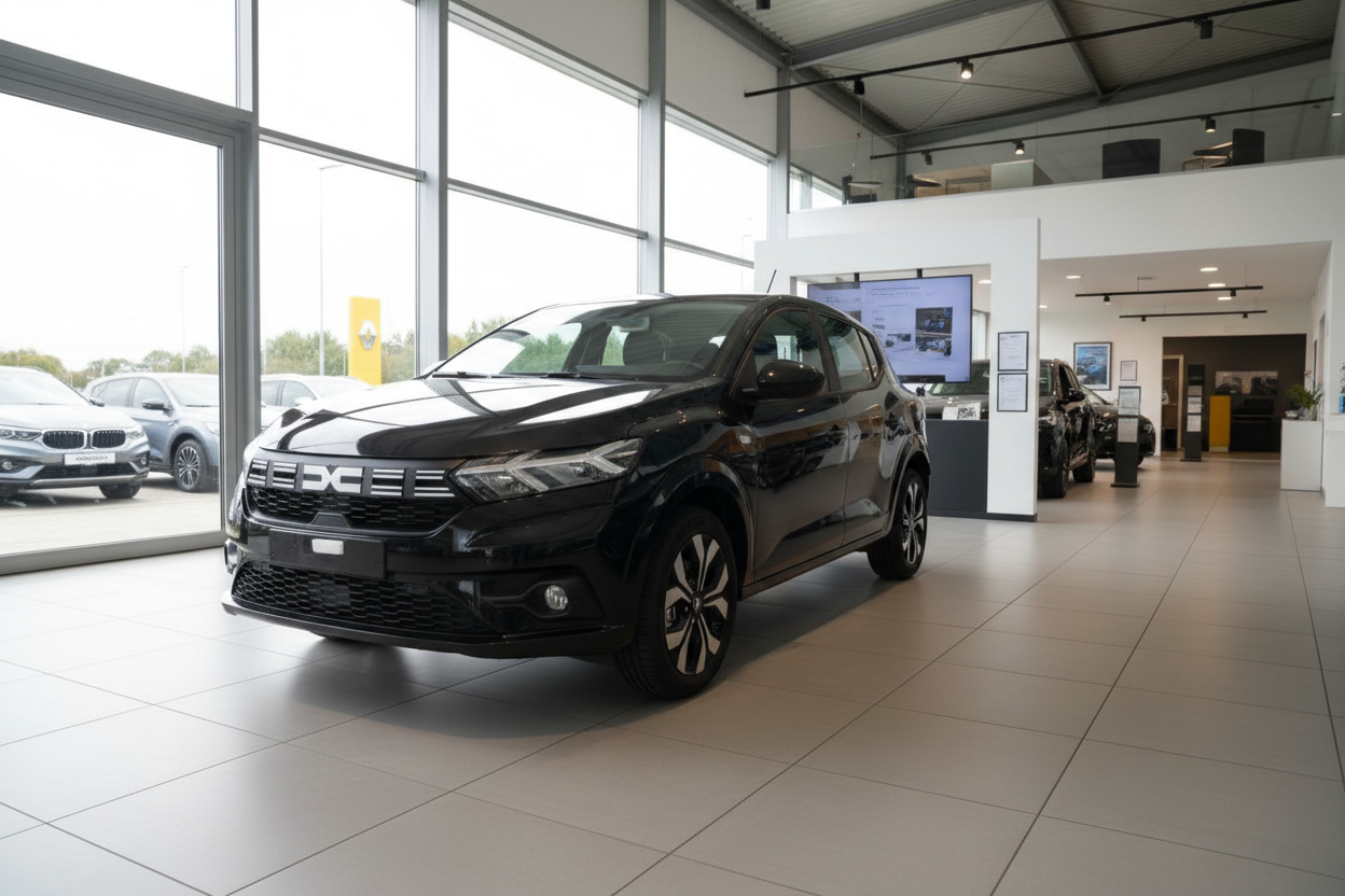 Schwarzer Dacia Sandero Stepway im Autohaus Showroom, Frontansicht