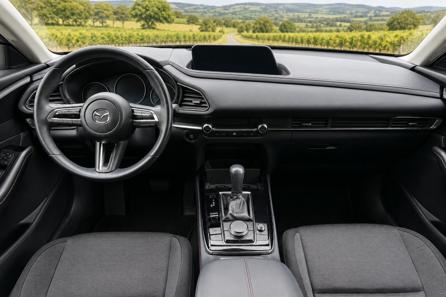 Mazda Cockpit mit Lenkrad, Display und Blick auf Weinberge