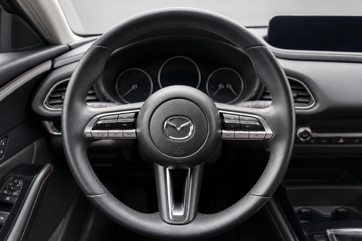 Mazda Lenkrad mit Bedienelementen und Tacho im Detail
