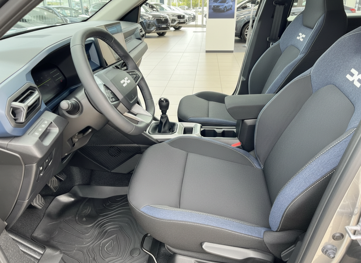 Dacia Duster Innenraum mit schwarzen Stoffsitzen, Schaltgetriebe und digitalem Cockpit im Autohaus