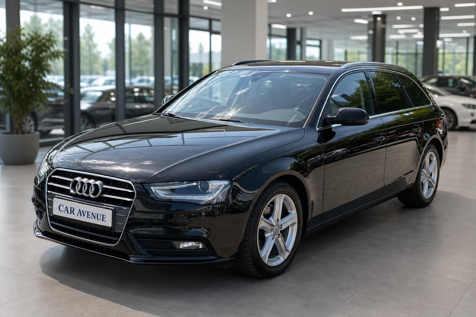 Audi A4 Avant schwarz Frontansicht schräg links im Autohaus – Gebrauchtwagen kaufen