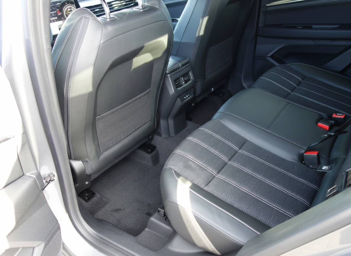 Fahrzeuginnenraum Rücksitzbereich mit schwarzen Ledersitzen und weißen Ziernähten