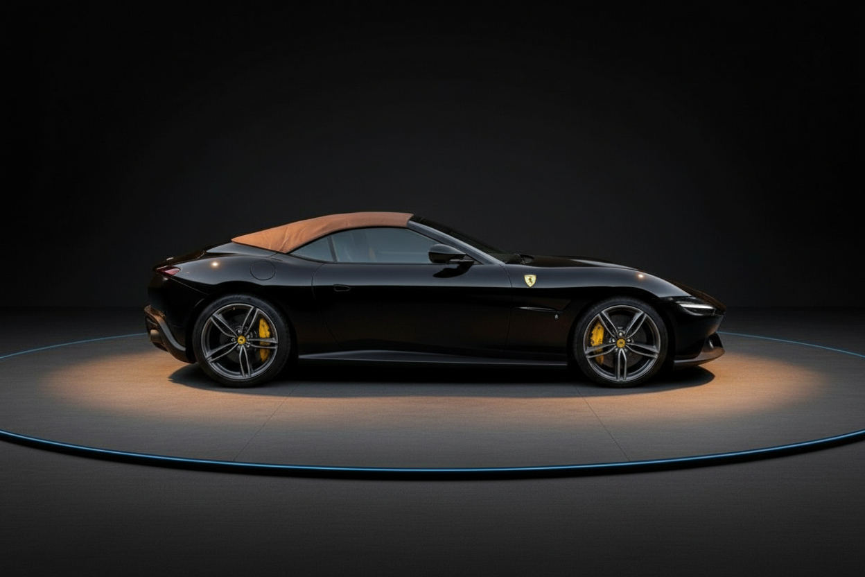 Ferrari Roma Spider Cabrio in Schwarz mit braunem Softtop, Seitenansicht im Fotostudio