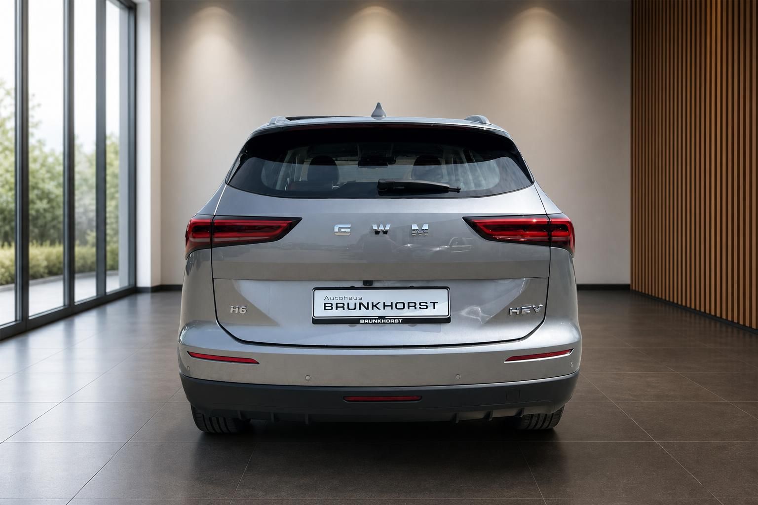 Haval H6 SUV Heckansicht in silber mit GWM Schriftzug und Autohaus Brunkhorst Kennzeichen