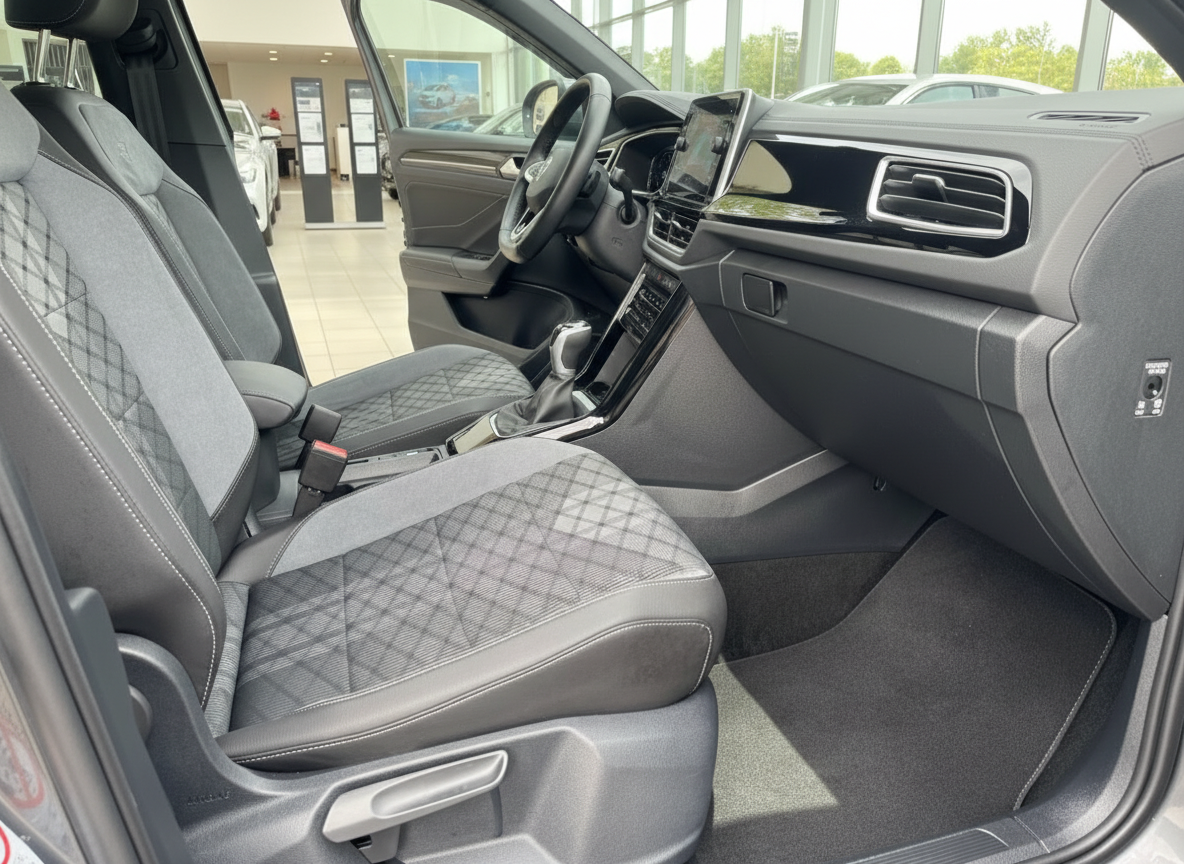 Volkswagen T-Roc Innenraum mit schwarzen Sportsitzen und Touchscreen-Infotainment im Autohaus