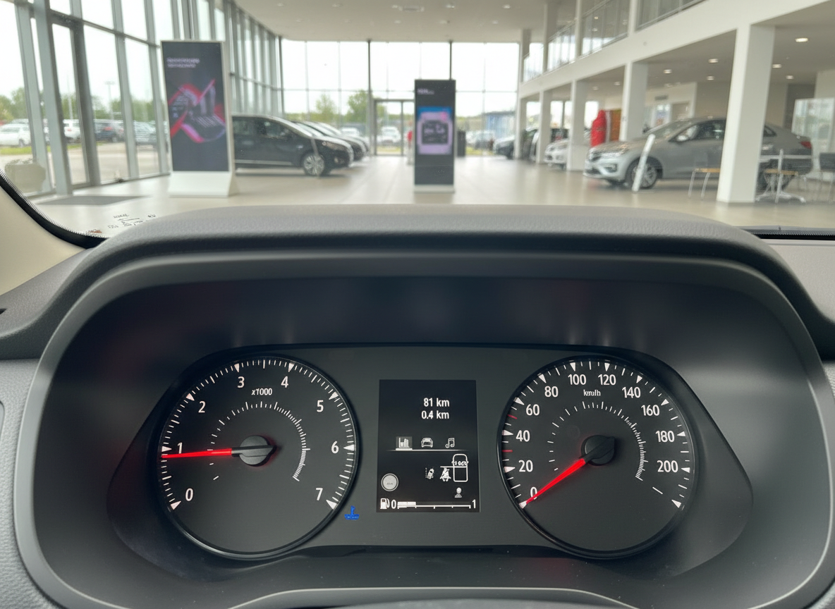Fahrzeug-Cockpit mit Tacho und Drehzahlmesser im Autohaus-Showroom