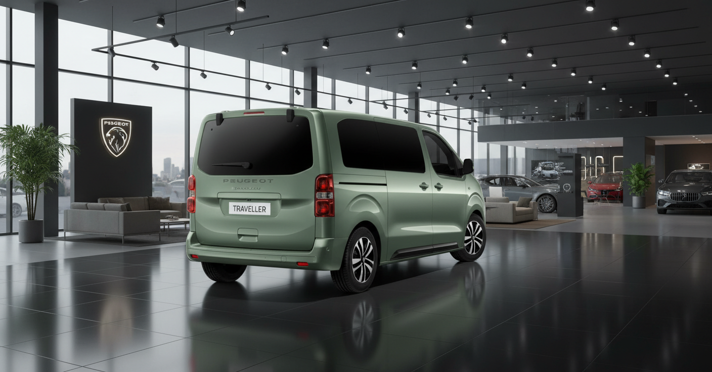 Peugeot Traveller in Grün von hinten in modernem Autohaus-Showroom mit Peugeot Logo und weiteren Fahrzeugen im Hintergrund