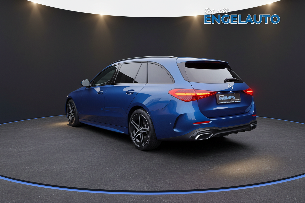 Mercedes-Benz C-Klasse T-Modell Kombi in Spektralblau metallic Heckansicht mit AMG-Line Ausstattung und LED-Rückleuchten bei Engelauto Händler
