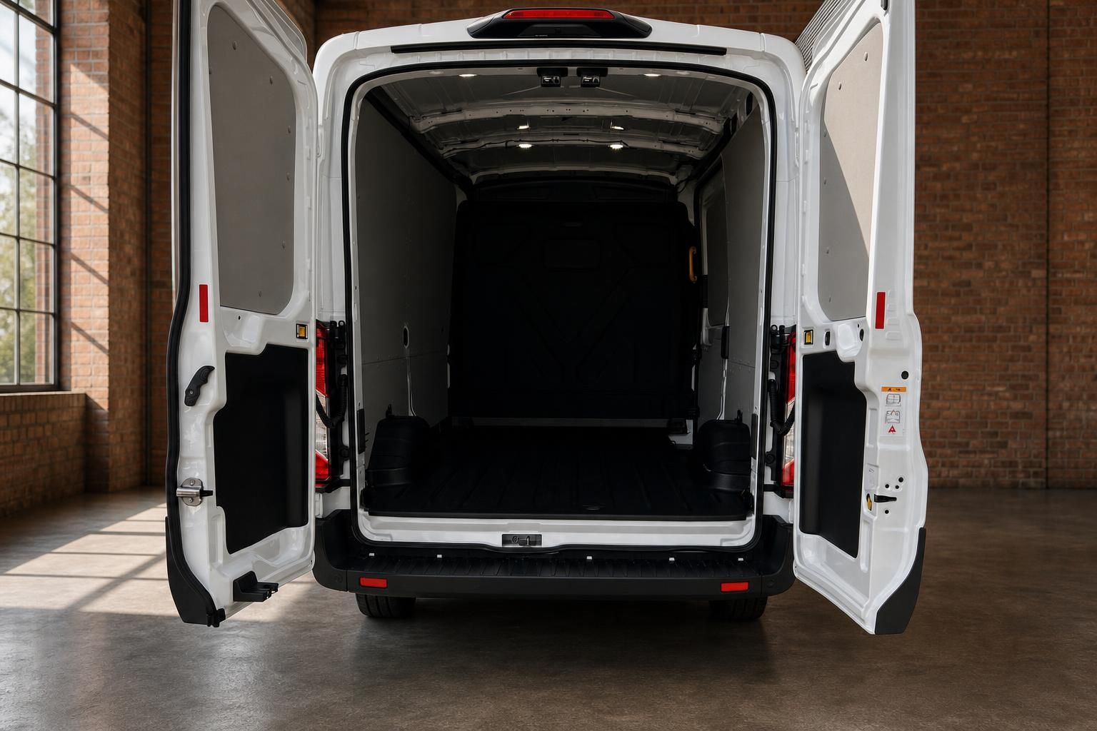 Ford Transit Laderaum mit geöffneten Hecktüren leer und geräumig