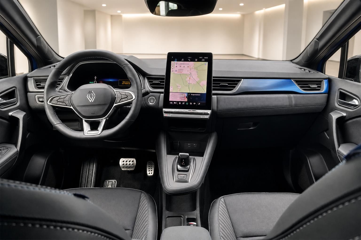 Renault Captur Innenraum mit digitalem Cockpit, Touchscreen-Display und schwarzer Ausstattung