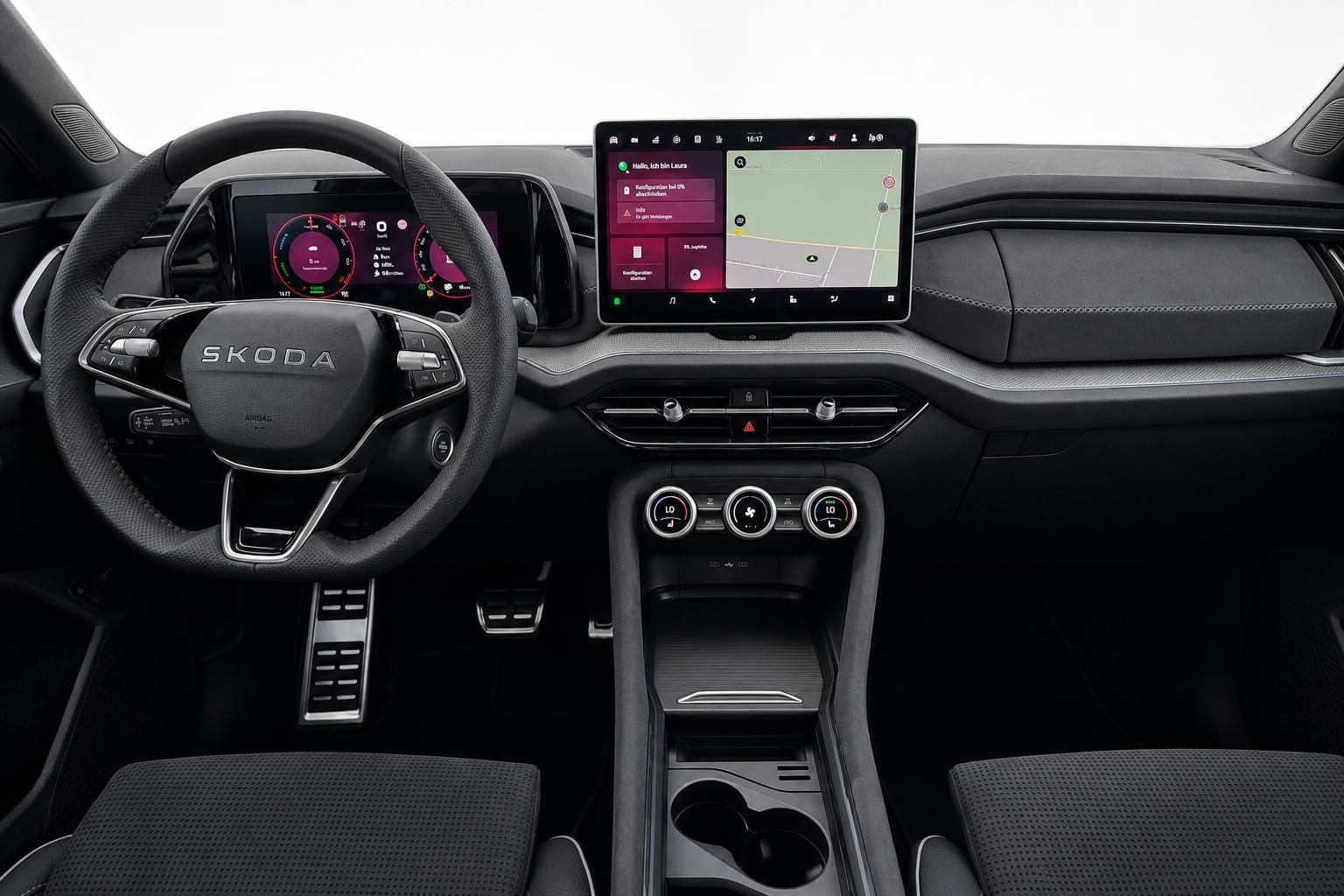 Skoda Cockpit mit digitalem Display, Lenkrad und Touchscreen-Navigation