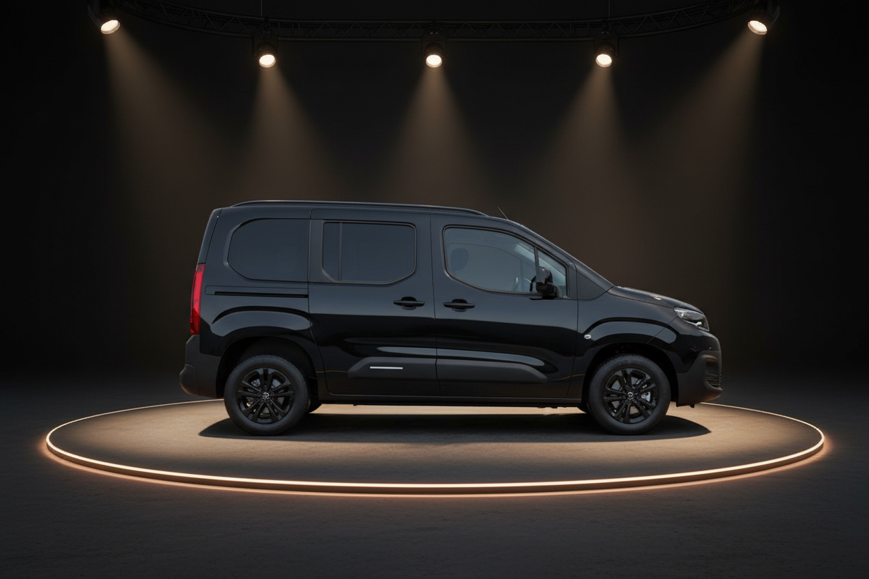 Schwarzer Opel Combo Life in Studiobeleuchtung – Seitenansicht kompakter Van