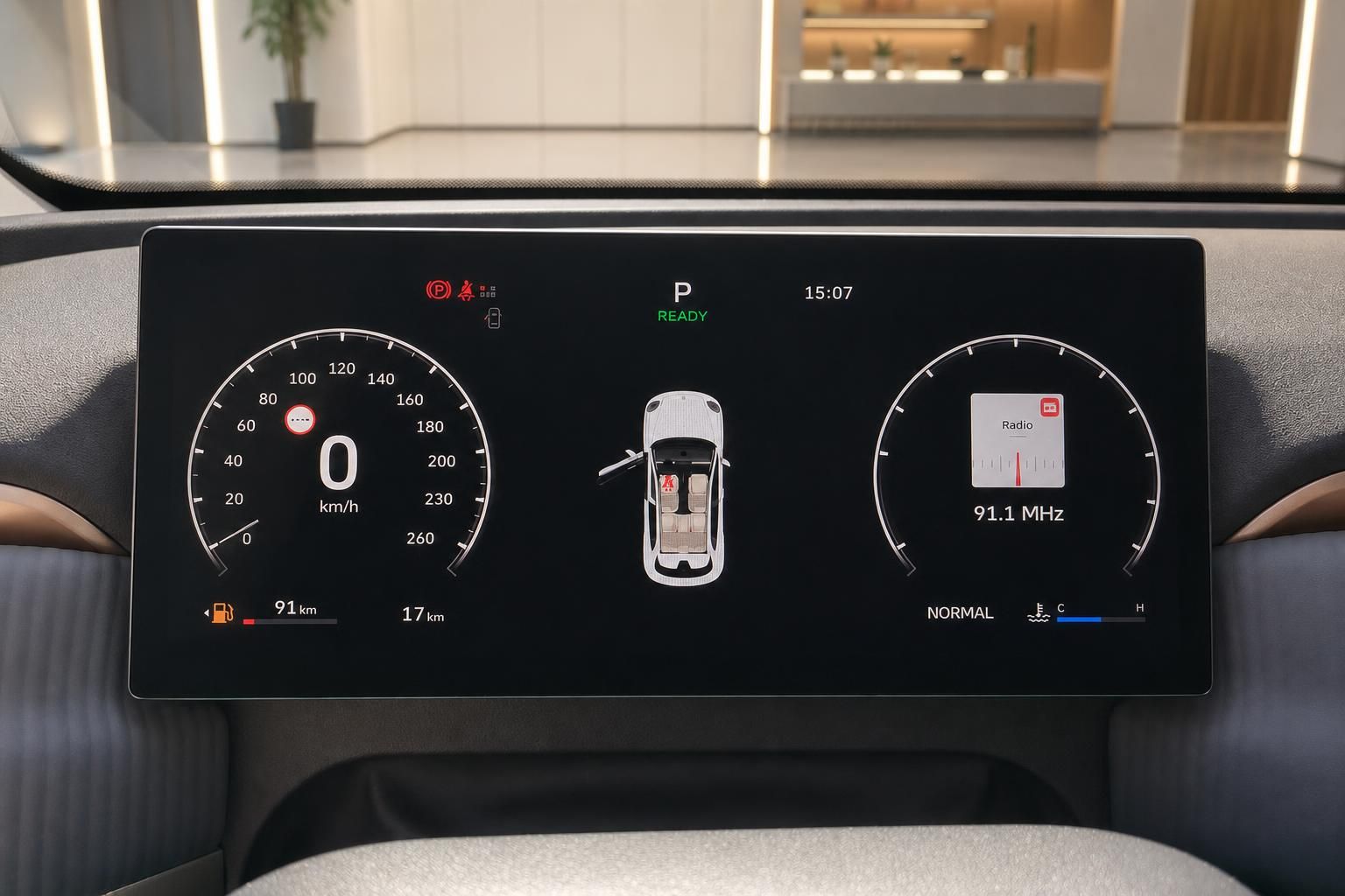 Digitales Kombiinstrument mit Tacho und Radioanzeige im Fahrzeug