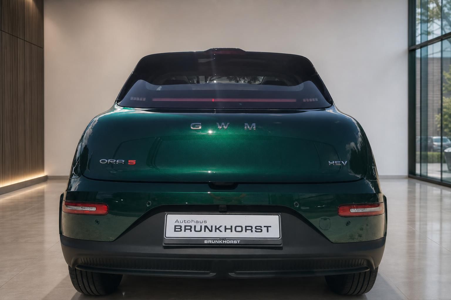 GWM Ora 5 HEV in Grün metallic, Heckansicht im Autohaus Brunkhorst