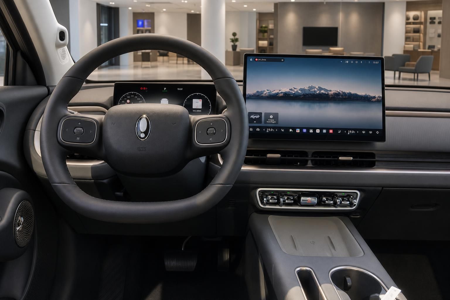 Cockpit mit Lenkrad und Infotainment-Display im GWM Ora 5