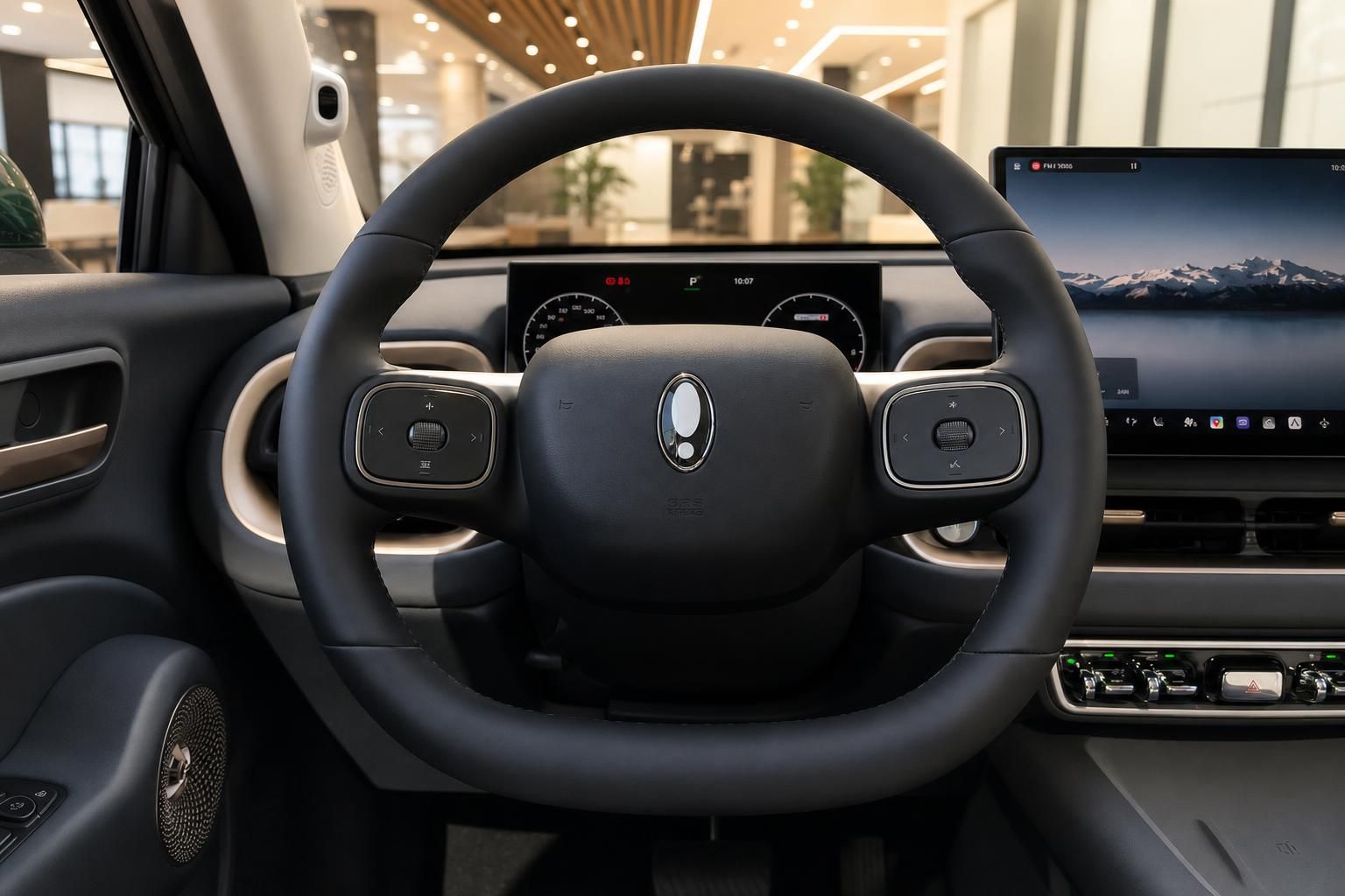 Lenkrad mit Multifunktionstasten und Digitalcockpit im Fahrzeuginnenraum