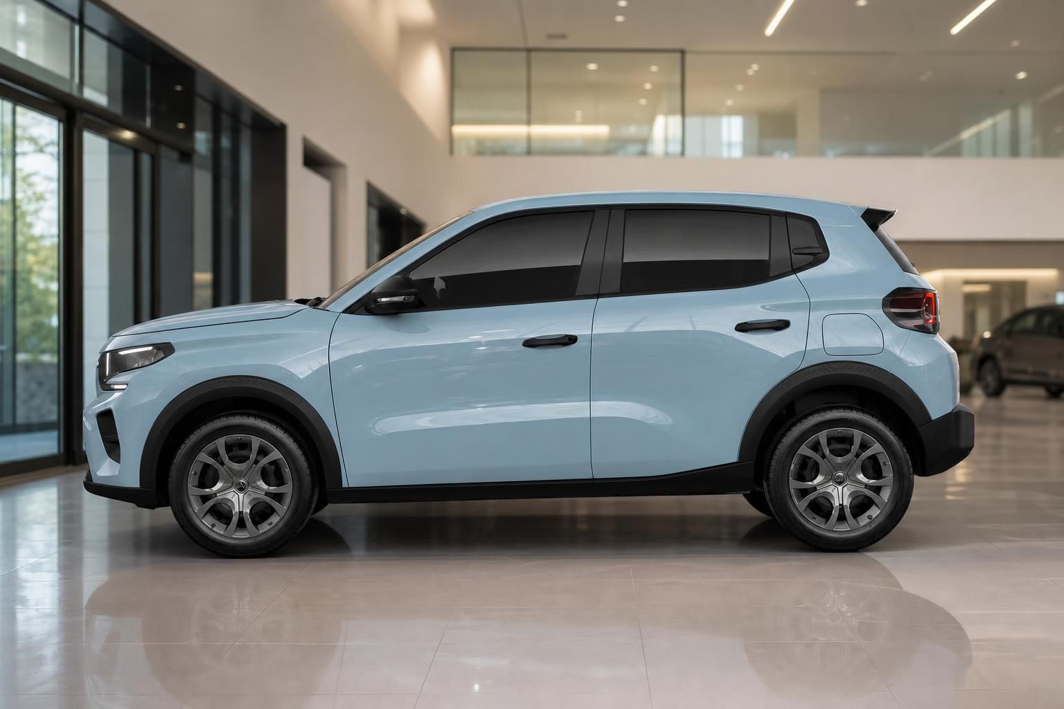 Citroën C3 in Hellblau, Seitenansicht im Autohaus Showroom