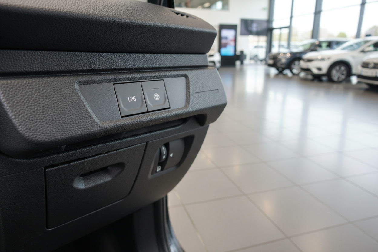 Fahrzeug-Innenraum mit LPG-Schalter und Bedienelemente im Autohaus
