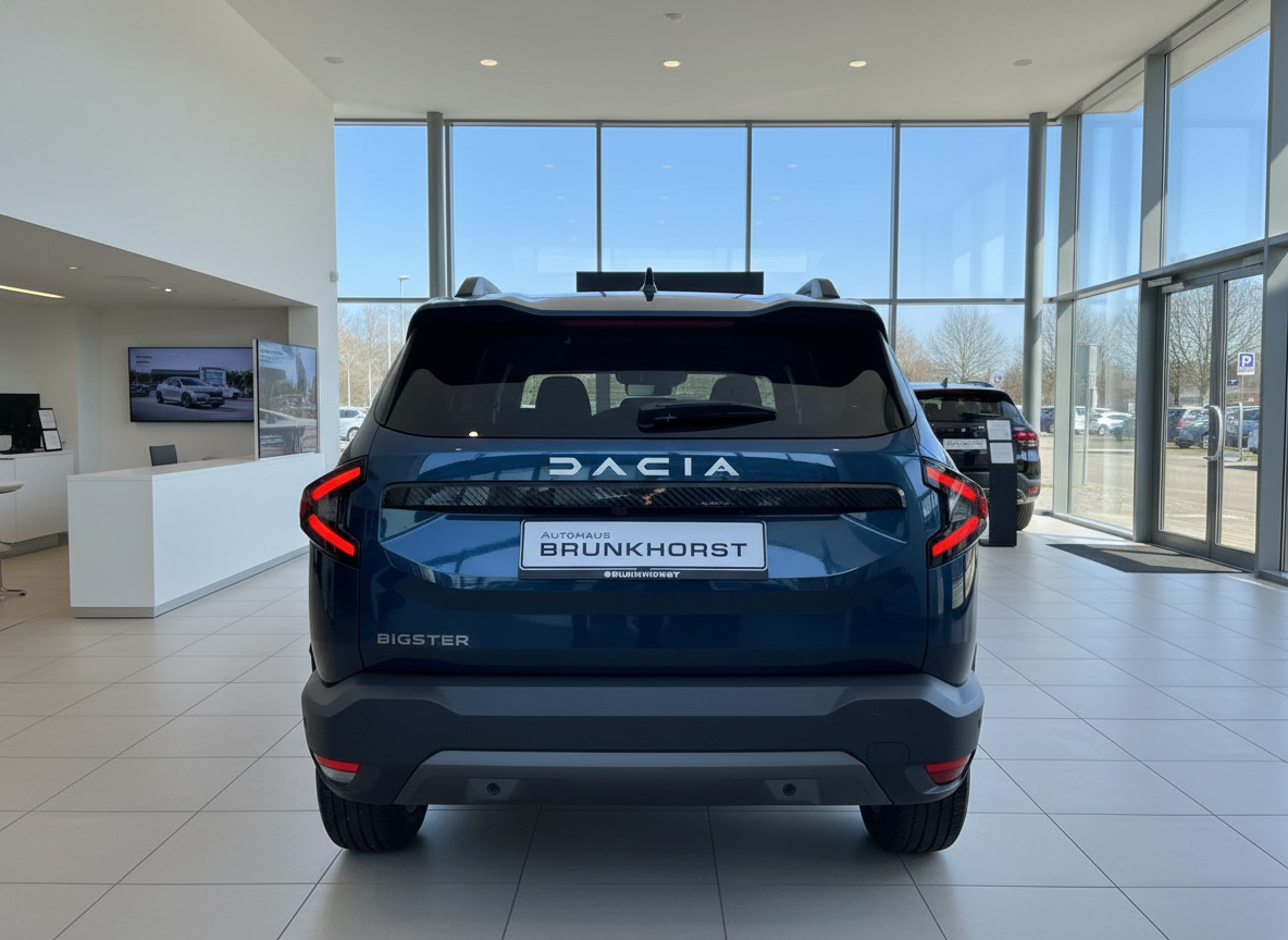 Dacia Bigster SUV in Dunkelblau, Heckansicht im Autohaus Brunkhorst Showroom