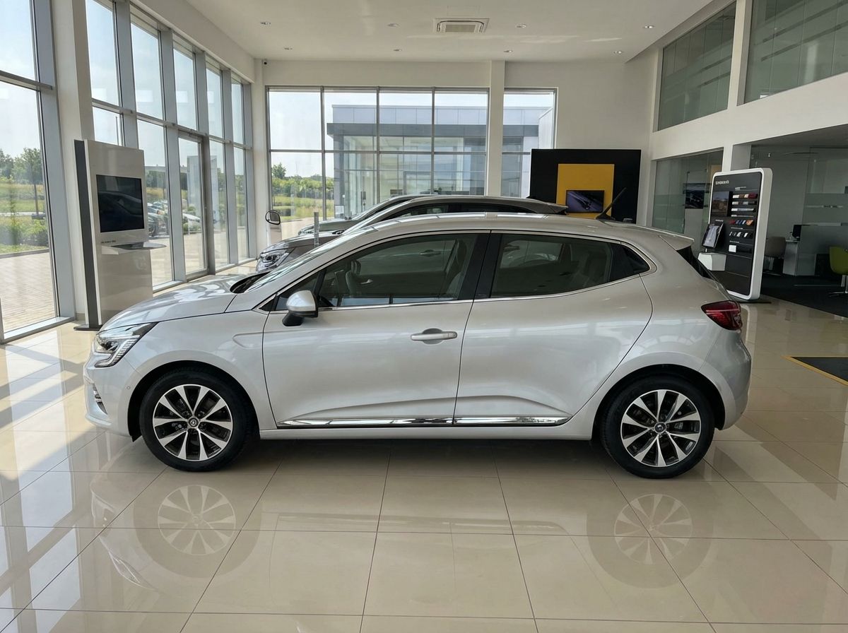 Silberner Renault Clio Fünftürer im Autohaus-Showroom, Seitenansicht