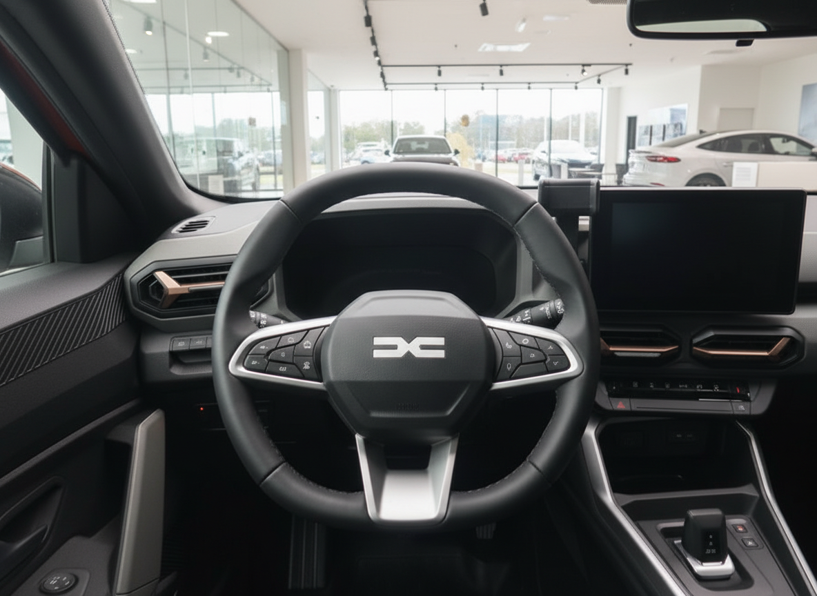 Dacia Innenraum mit Lenkrad und digitalem Infotainment-Display im Autohaus